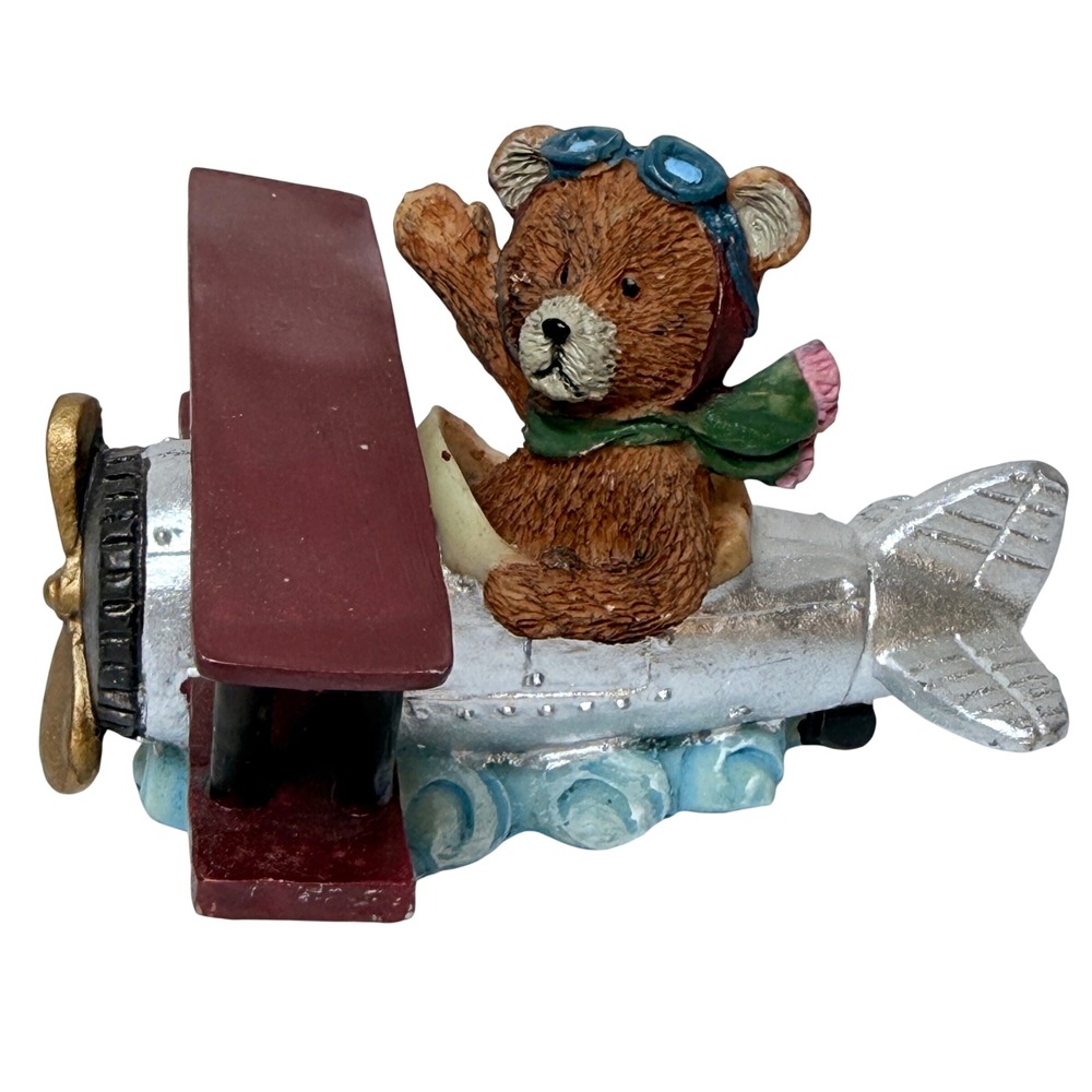 Teddy Bear Pilot‎ Aviator Biplane Figurine Resin Silver Burgundy Nursery Decor